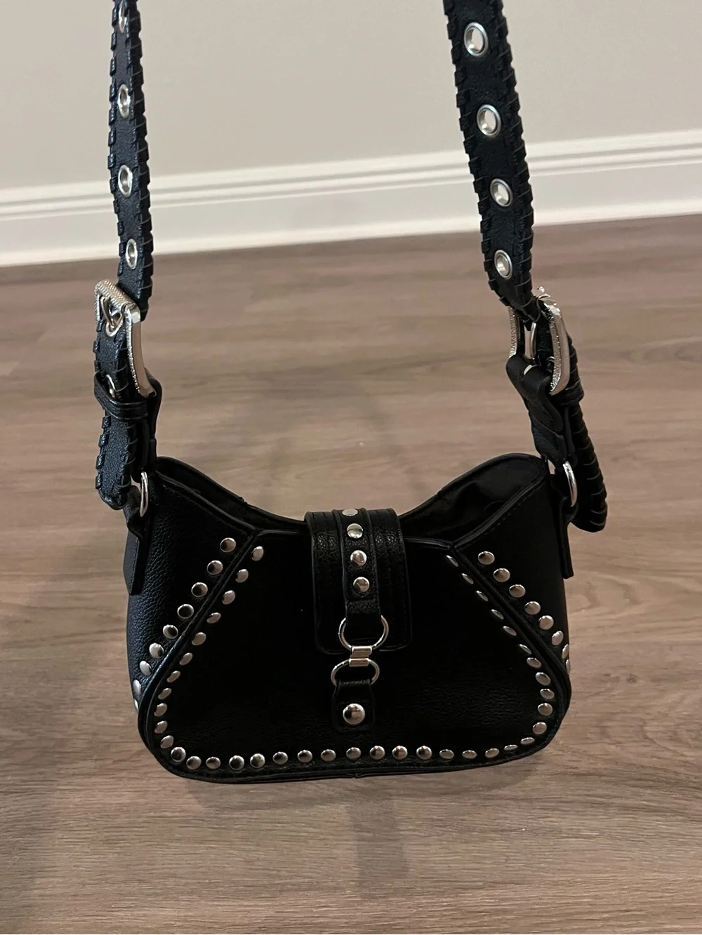 Urban Outfitters Black Studded Leather Shoulder Bag with Grommet Strap